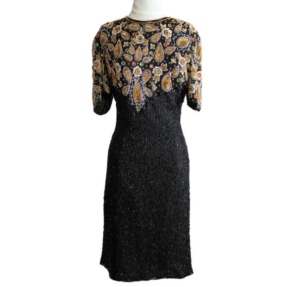 Night Vogue SZ Med 100% Silk Beaded & Sequin Black Evening Dress - Picture 1 of 16